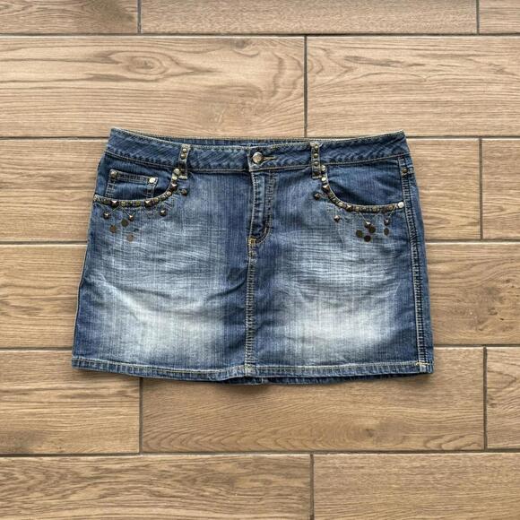 Y2K Mini blue denim skirt Anisette with studded pockets - Picture 1 of 8